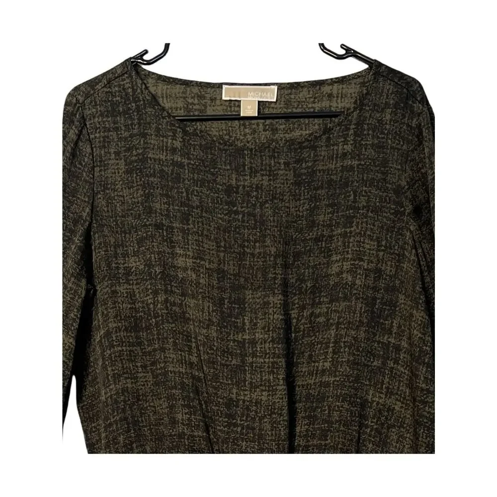 Michael Kors Top Womens Size M Olive Green Black Long Sleeve Satin Elastic Hem